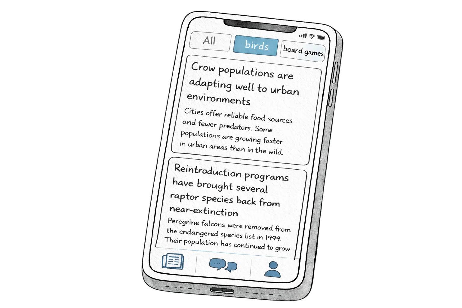 Wisp app feed showing clustered news events in chronological order